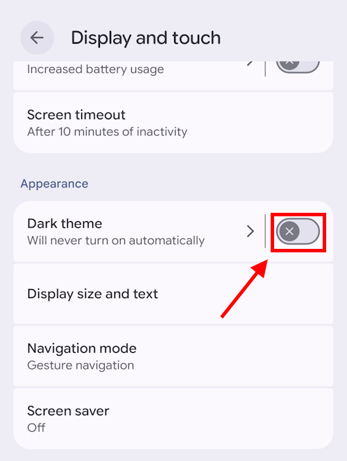Tap the toggle switch for Dark theme to turn it on